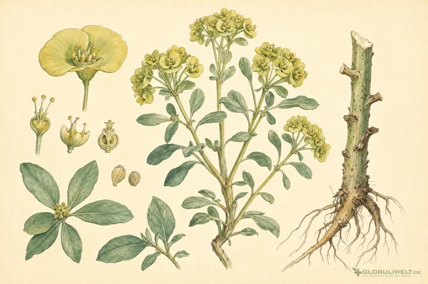 Botanische Illustration von Euphorbium (Wolfsmilchharz) – Ausgangssubstanz der homöopathischen Globuli