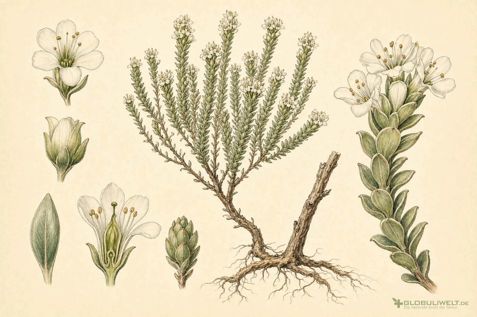 Botanische Illustration von Fabiana imbricata (Pichi-Pichi) (Pichi-Pichi) – Ausgangssubstanz der homöopathischen Globuli