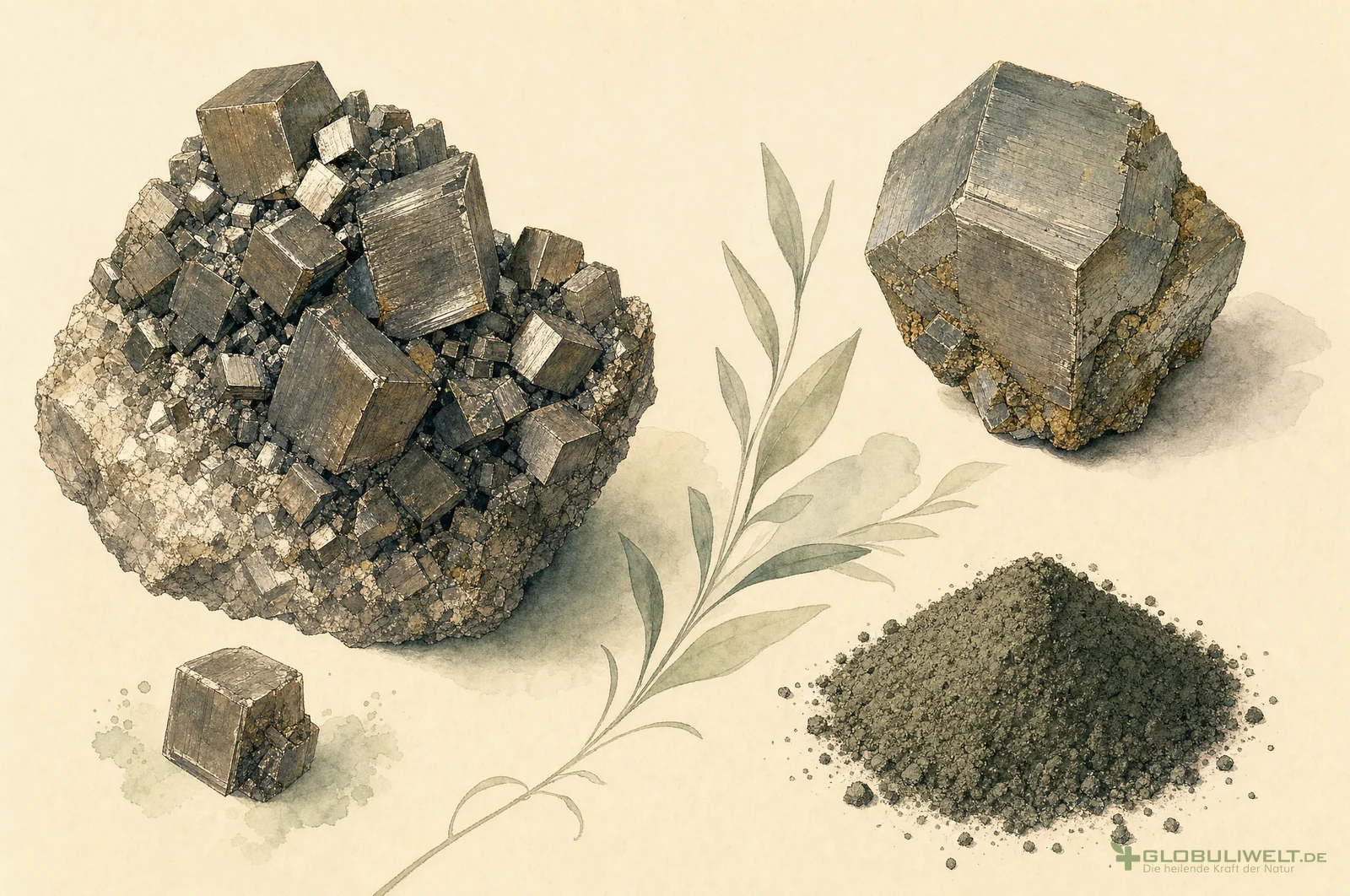 Mineralogische Illustration von Ferrum jodatum (Jodeisen) – Ausgangssubstanz der homöopathischen Globuli