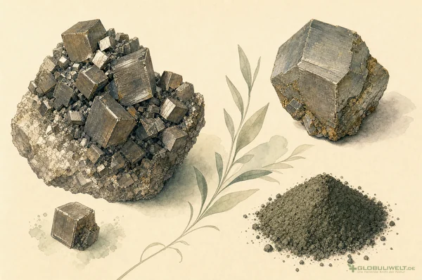 Mineralogische Illustration von Ferrum jodatum (Jodeisen) – Ausgangssubstanz der homöopathischen Globuli