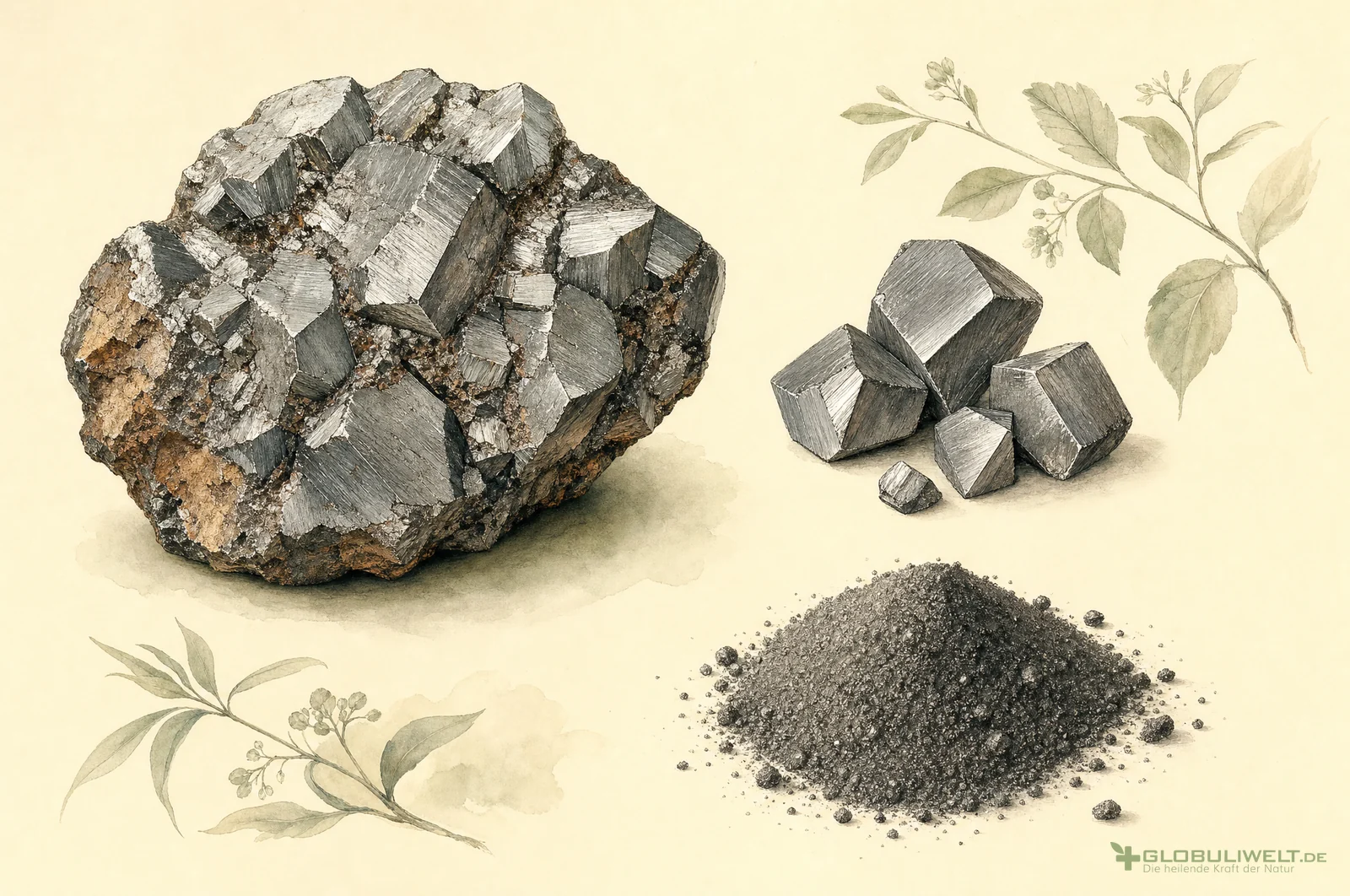 Mineralogische Illustration von Ferrum metallicum (Eisen) – Ausgangssubstanz der homöopathischen Globuli