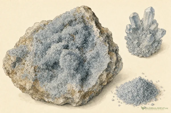 Mineralogische Illustration von Ferrum Phosphoricum (Eisenphosphat) – Ausgangssubstanz der homöopathischen Globuli