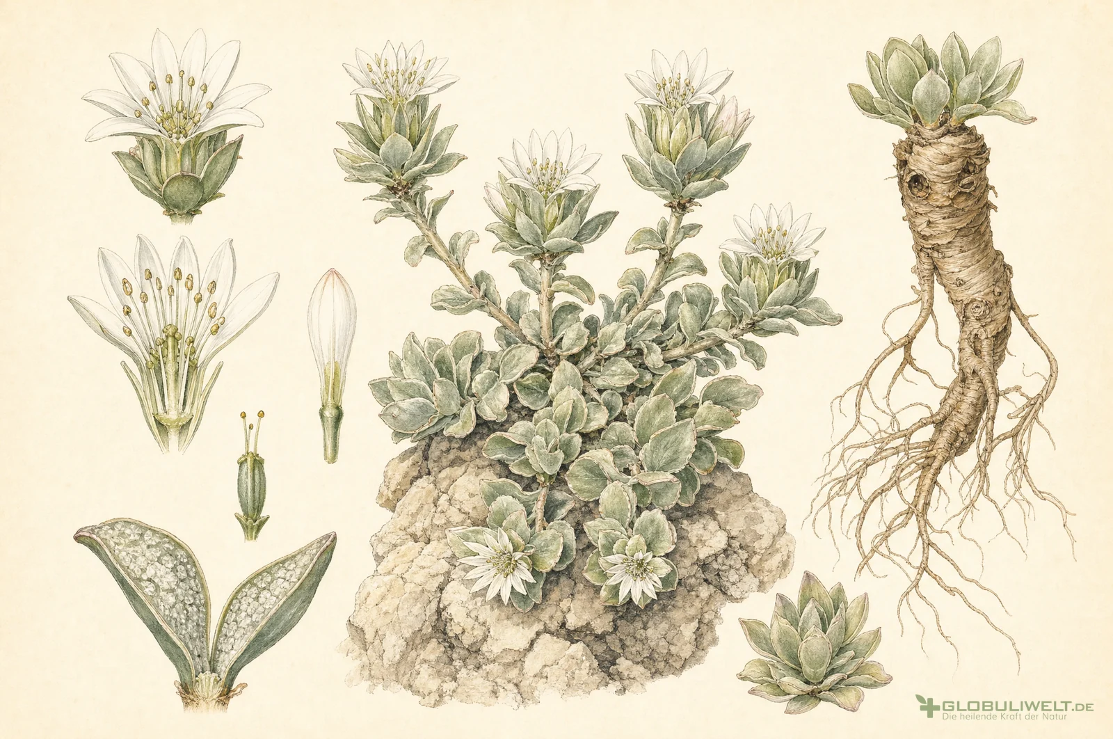 Botanische Illustration von Flor de Piedra (Steinblüte) (Steinblüte) – Ausgangssubstanz der homöopathischen Globuli