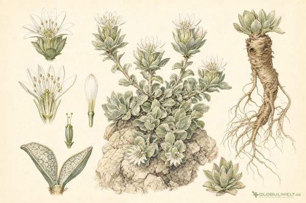 Botanische Illustration von Flor de Piedra (Steinblüte) (Steinblüte) – Ausgangssubstanz der homöopathischen Globuli