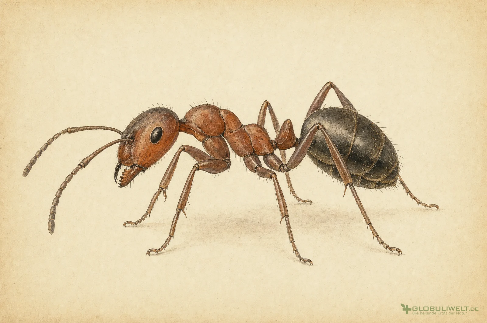 Naturhistorische Illustration von Formica rufa (Rote Waldameise) – Ausgangssubstanz der homöopathischen Globuli