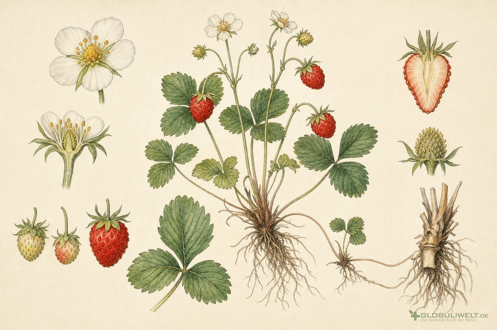Botanische Illustration von Fragaria Vesca (Erdbeere) (Erdbeere) – Ausgangssubstanz der homöopathischen Globuli