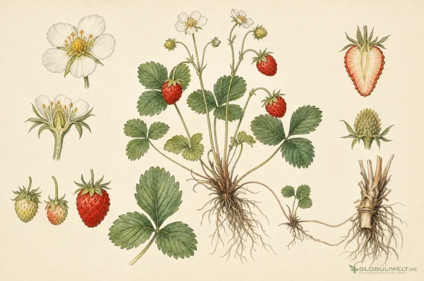 Botanische Illustration von Fragaria Vesca (Erdbeere) (Erdbeere) – Ausgangssubstanz der homöopathischen Globuli