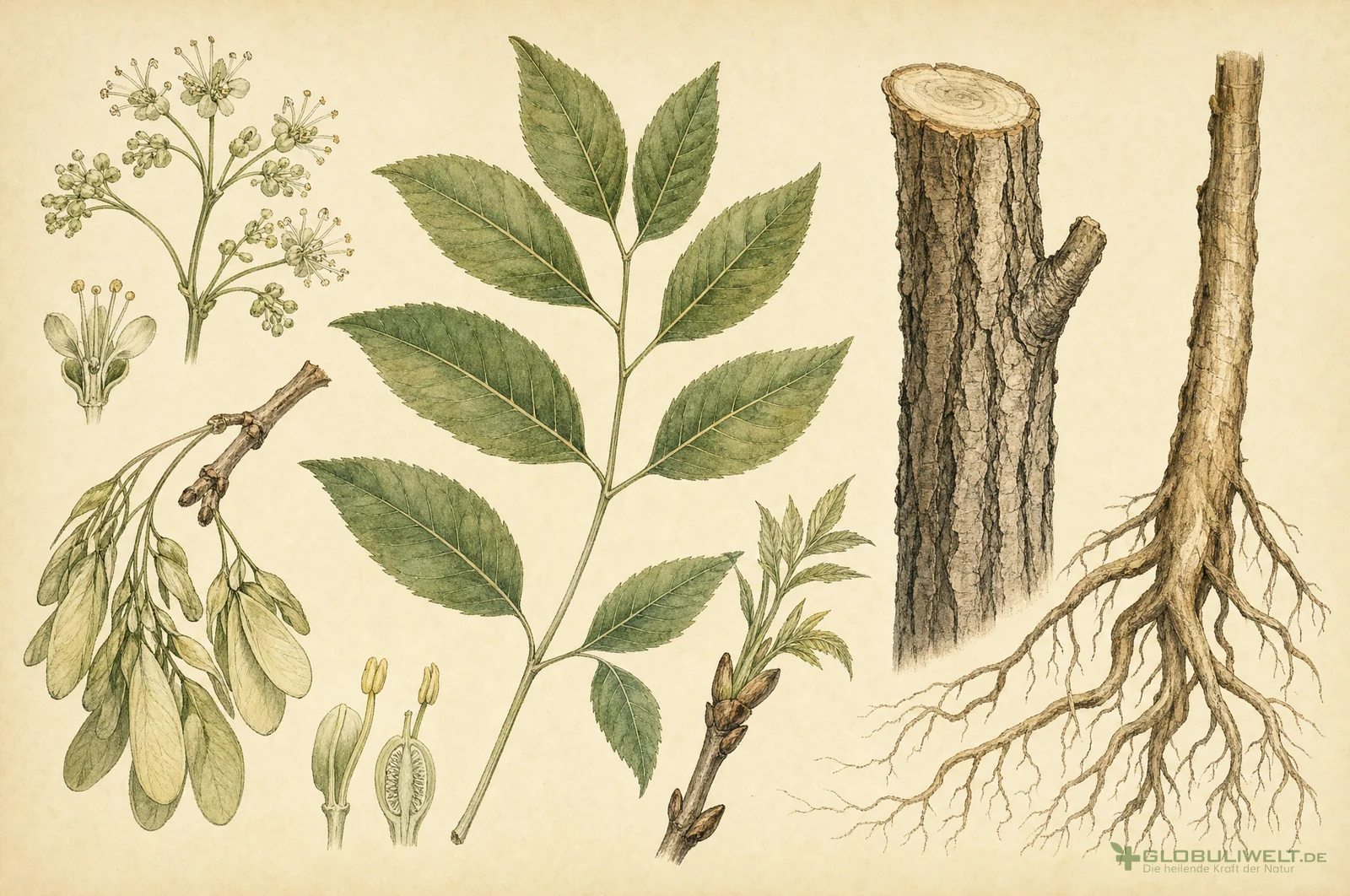 Botanische Illustration von Fraxinus Americana (Medizinisches Pessar) (Weiß-Esche) – Ausgangssubstanz der homöopathischen Globuli