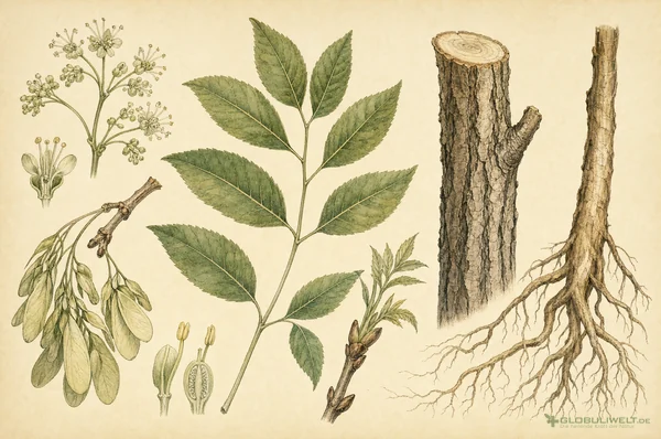 Botanische Illustration von Fraxinus Americana (Medizinisches Pessar) (Weiß-Esche) – Ausgangssubstanz der homöopathischen Globuli