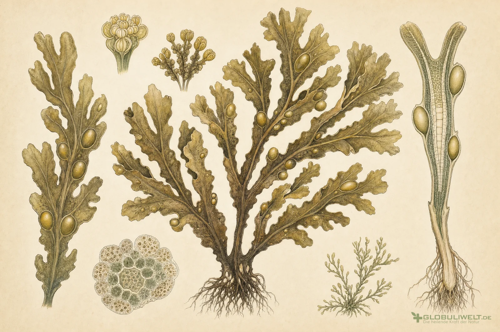 Botanische Illustration von Fucus Vesiculosus (Blasentang) (Blasentang) – Ausgangssubstanz der homöopathischen Globuli