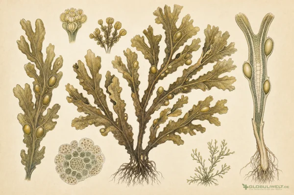 Botanische Illustration von Fucus Vesiculosus (Blasentang) (Blasentang) – Ausgangssubstanz der homöopathischen Globuli