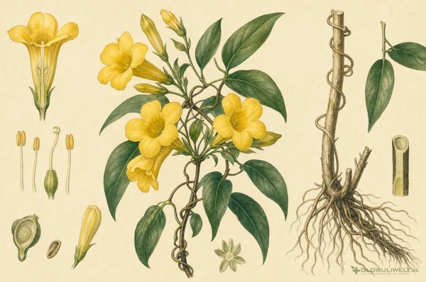 Botanische Illustration von Gelsemium sempervirens (Gelber Jasmin) – Ausgangssubstanz der homöopathischen Globuli