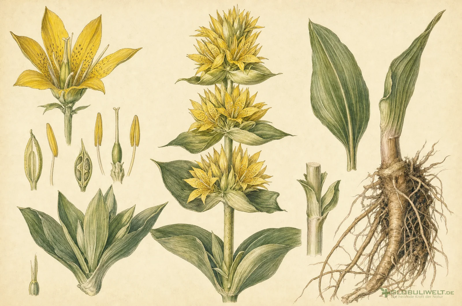 Botanische Illustration von Gentiana lutea (Gelber Enzian) – Ausgangssubstanz der homöopathischen Globuli