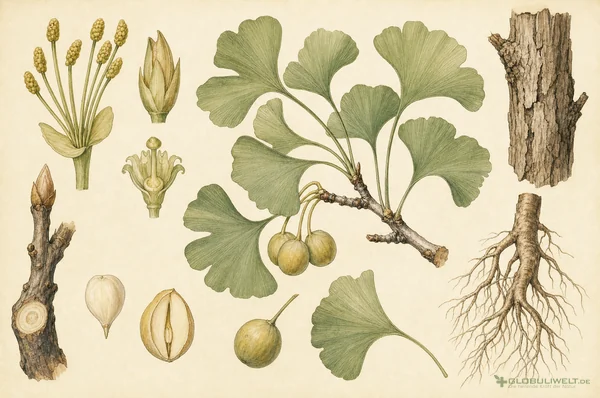 Botanische Illustration von Ginkgo biloba (Ginkgo) – Ausgangssubstanz der homöopathischen Globuli