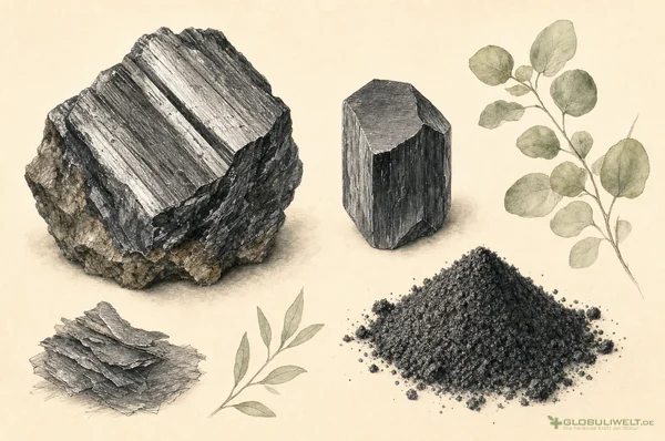 Mineralogische Illustration von Graphites (Graphit / schwarzer Kohlenstoff) (Graphit) – Ausgangssubstanz der homöopathischen Globuli