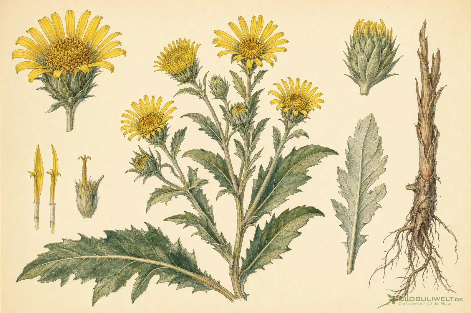 Botanische Illustration von Grindelia Robusta (Grindelie) (Grindelie) – Ausgangssubstanz der homöopathischen Globuli