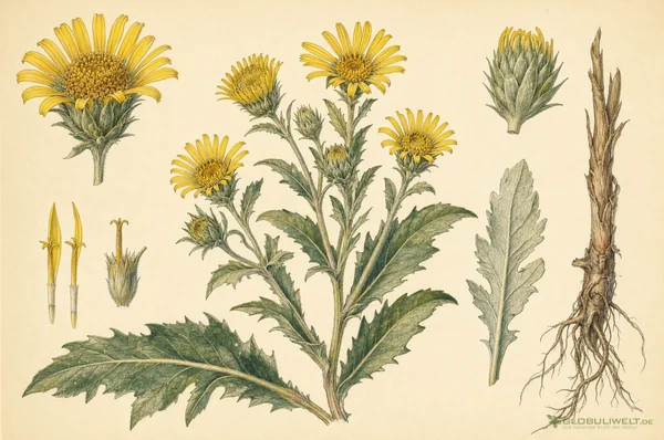 Botanische Illustration von Grindelia Robusta (Grindelie) (Grindelie) – Ausgangssubstanz der homöopathischen Globuli