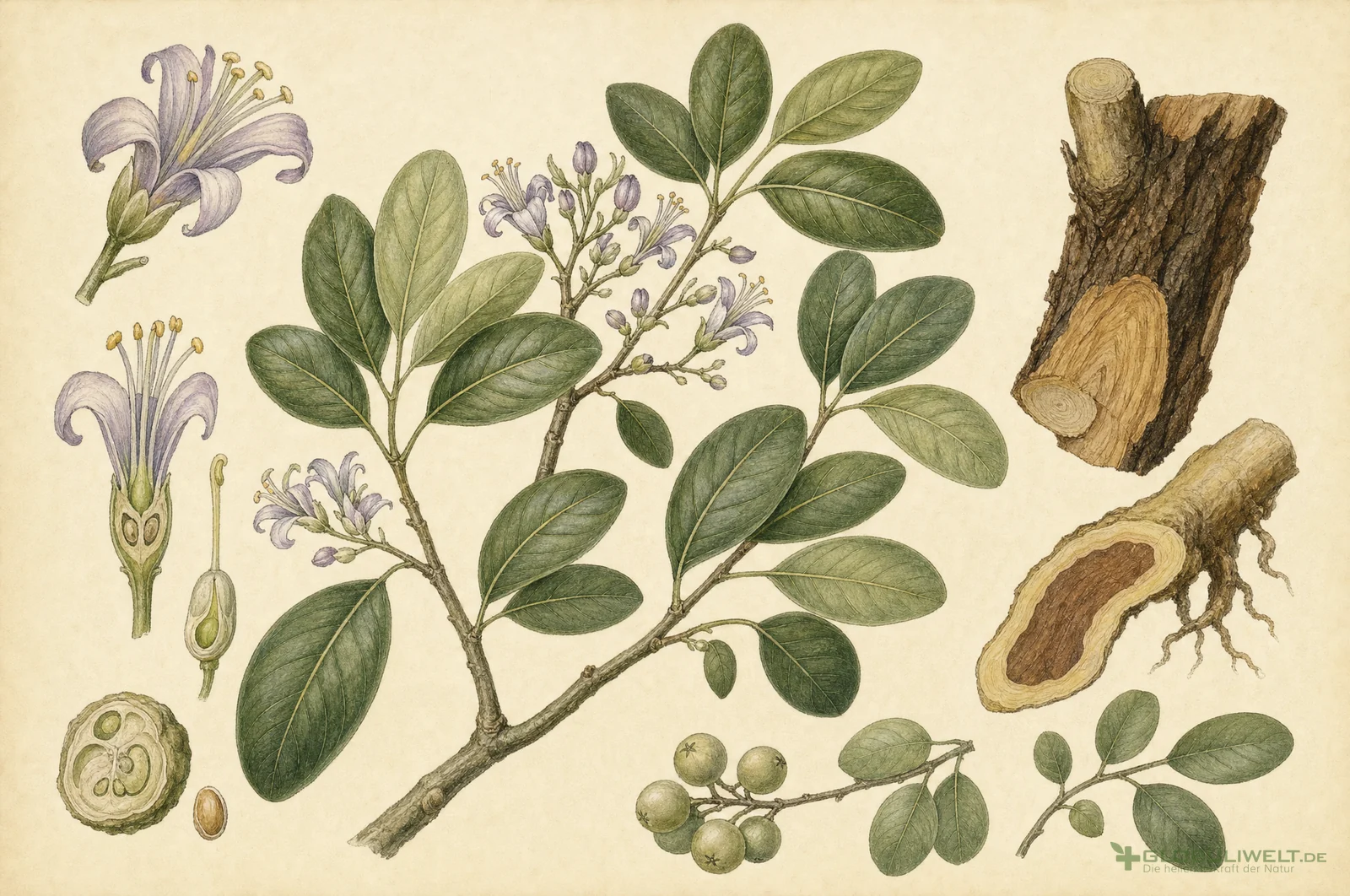 Botanische Illustration von Guaiacum officinale (Guajakholz) – Ausgangssubstanz der homöopathischen Globuli