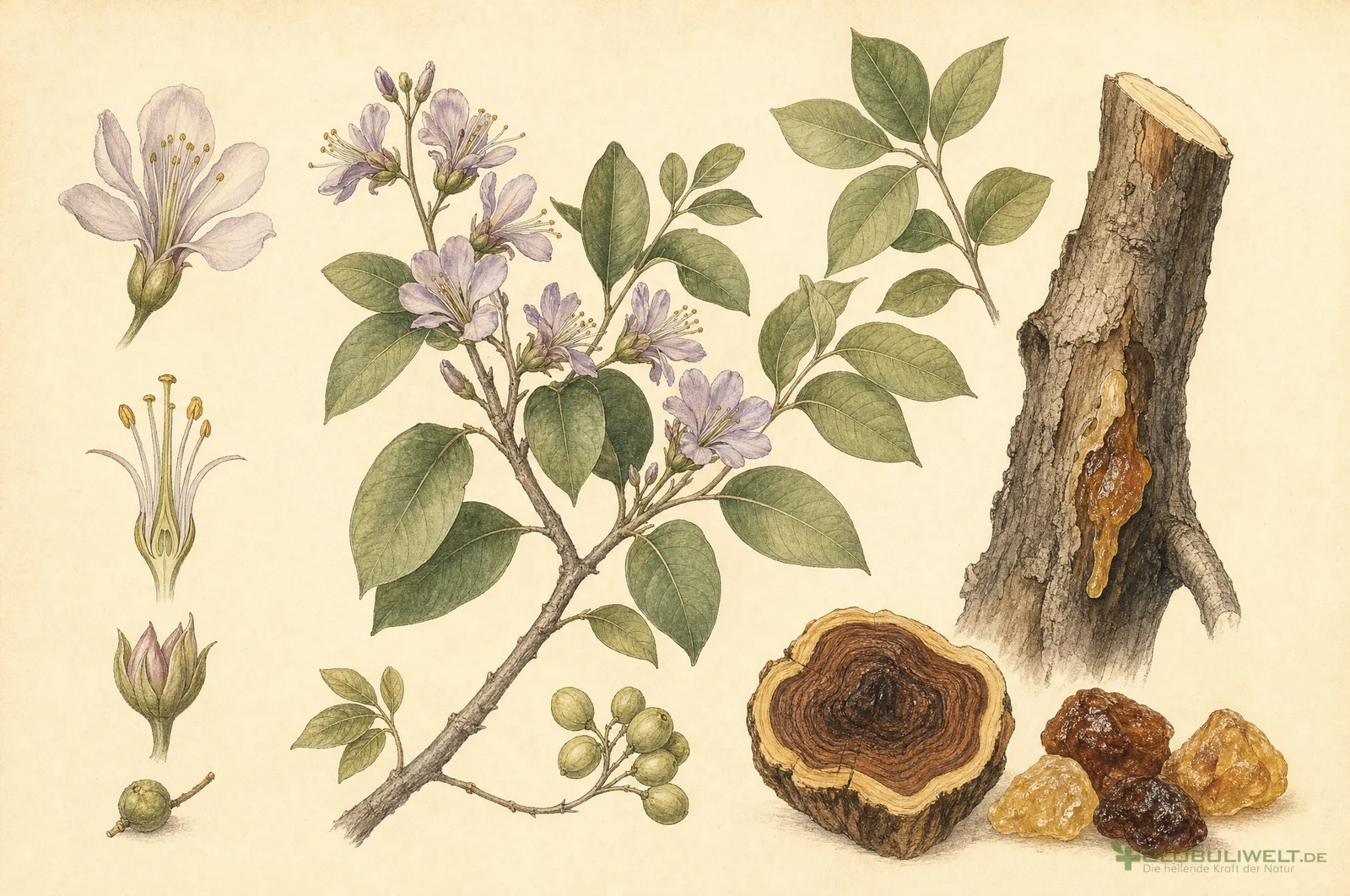 Botanische Illustration von Guajacum (Harz des Guajak-Baumes) (Guajak-Harz) – Ausgangssubstanz der homöopathischen Globuli