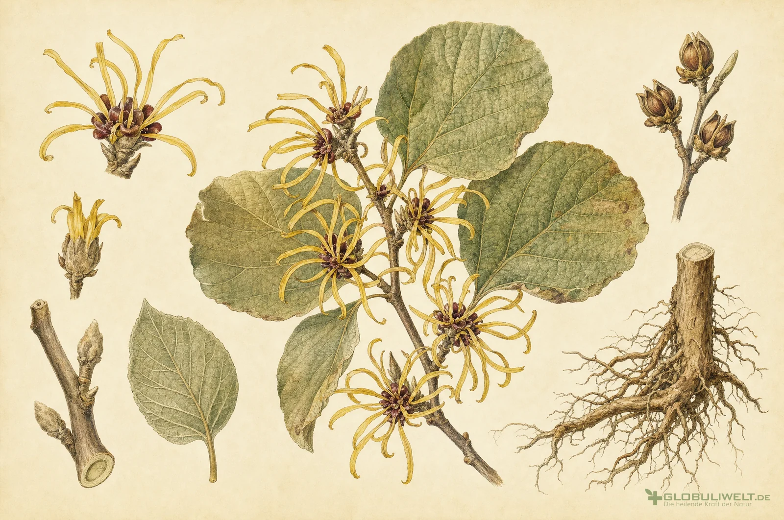 Botanische Illustration von Hamamelis Virginiana (Zaubernuss) – Ausgangssubstanz der homöopathischen Globuli