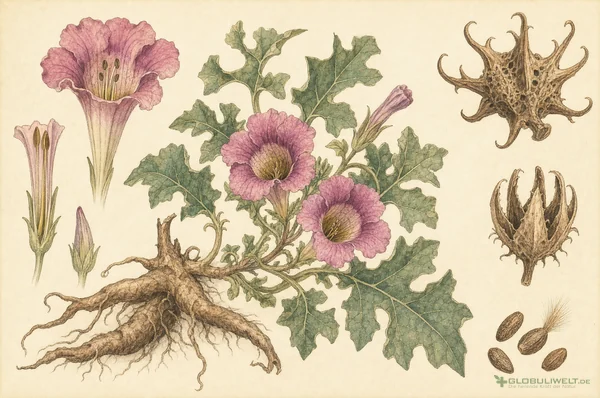 Botanische Illustration von Harpagophytum procumbens (Teufelskralle) – Ausgangssubstanz der homöopathischen Globuli