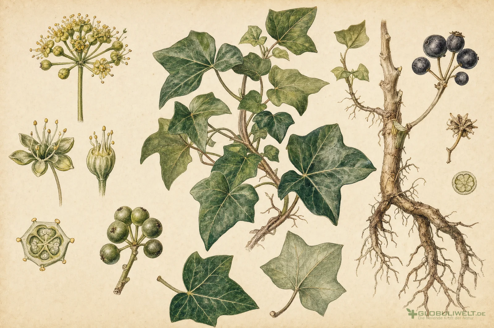 Botanische Illustration von Hedera Helix (gemeiner Efeu) (Gemeiner Efeu) – Ausgangssubstanz der homöopathischen Globuli