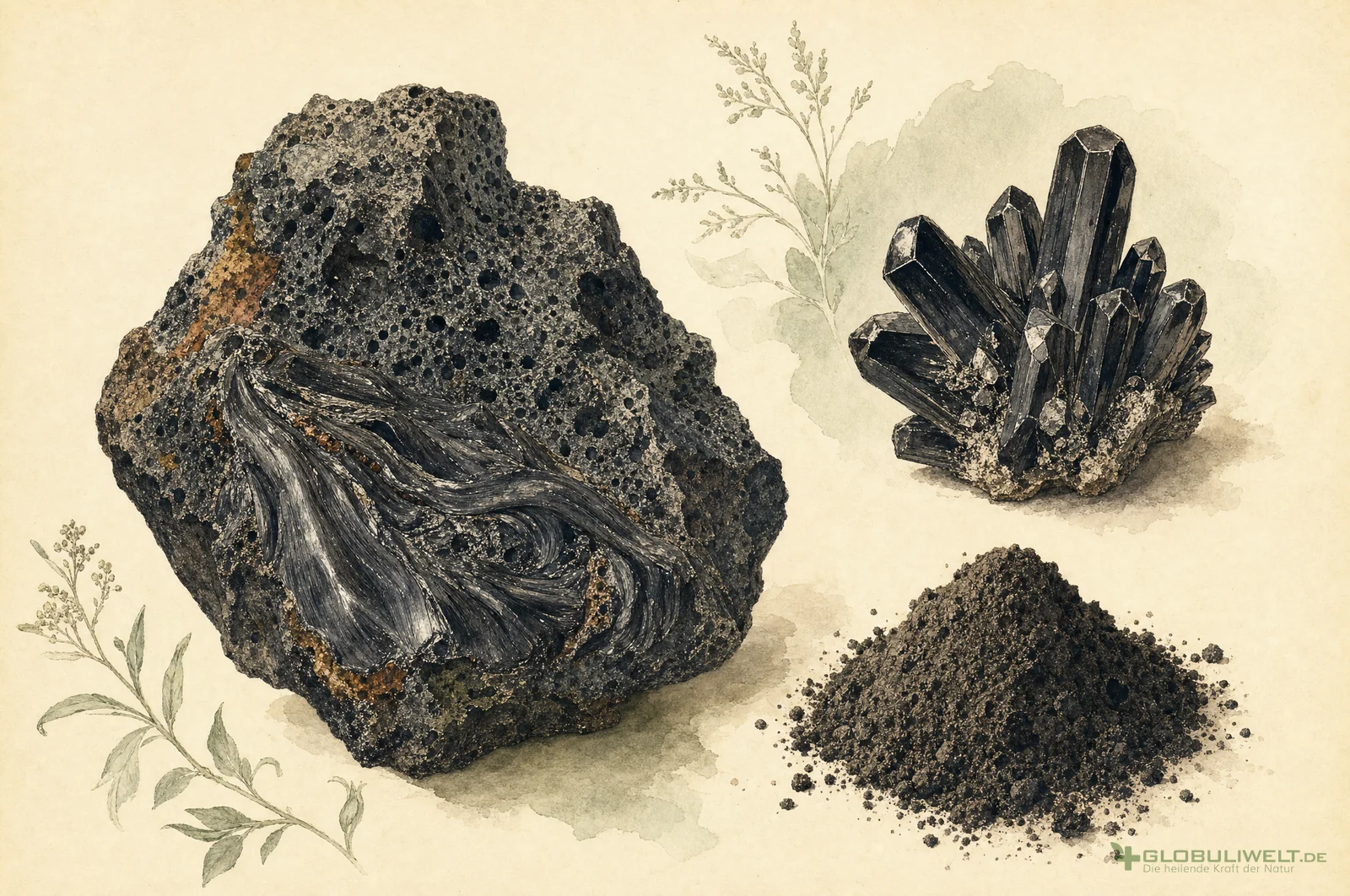 Mineralogische Illustration von Hekla lava (Lava des Hekla) – Ausgangssubstanz der homöopathischen Globuli