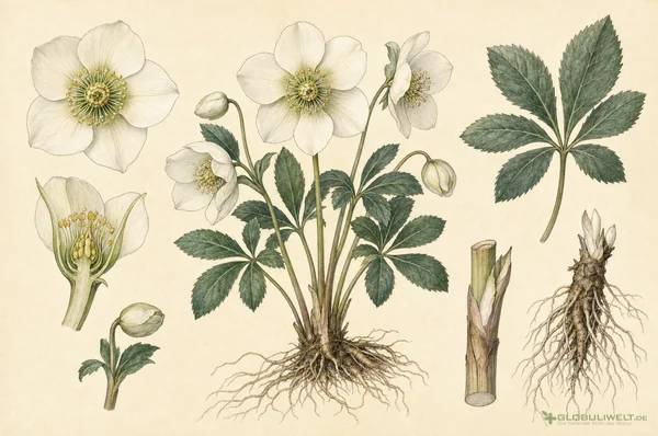 Botanische Illustration von Helleborus niger (Christrose) – Ausgangssubstanz der homöopathischen Globuli