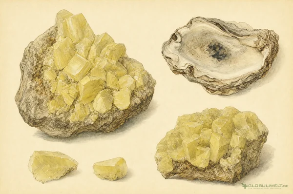 Mineralogische Illustration von Hepar Sulfuris (Kalkschwefelleber) – Ausgangssubstanz der homöopathischen Globuli