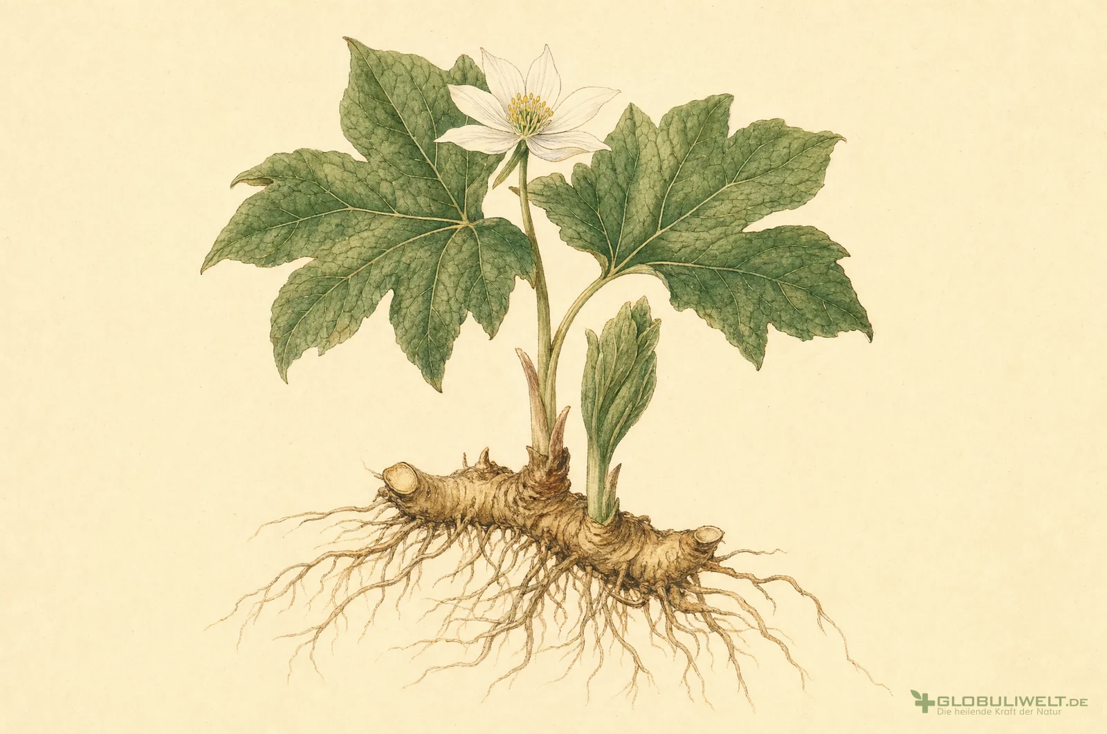 Botanische Illustration von Hydrastis Canadensis (kanadische Gelbwurzel) (Kanadische Gelbwurzel) – Ausgangssubstanz der homöopathischen Globuli