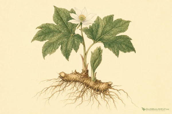 Botanische Illustration von Hydrastis Canadensis (kanadische Gelbwurzel) (Kanadische Gelbwurzel) – Ausgangssubstanz der homöopathischen Globuli