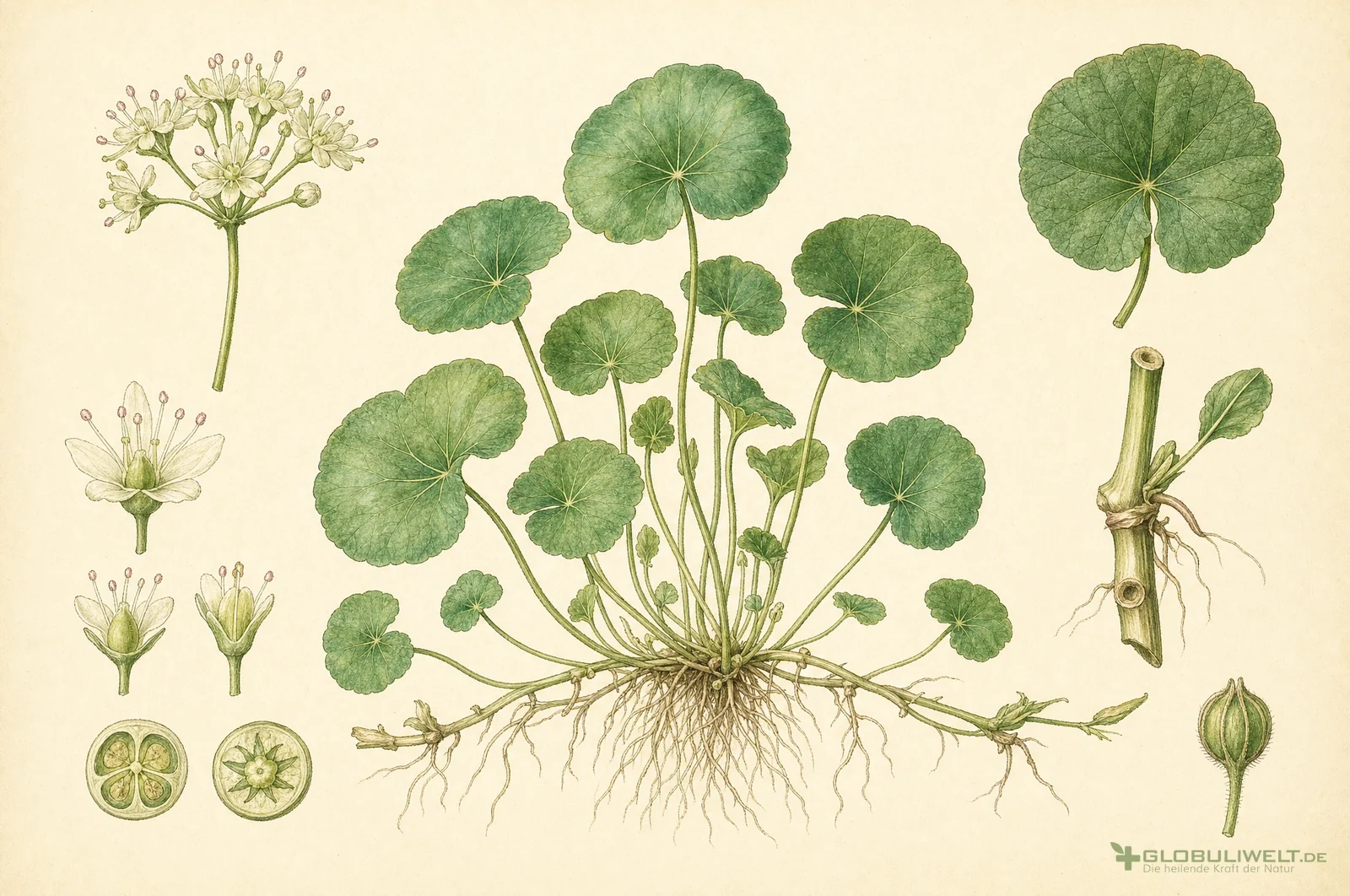 Botanische Illustration von Hydrocotyle Asiatica (Wassernabel) (Indischer Wassernabel) – Ausgangssubstanz der homöopathischen Globuli