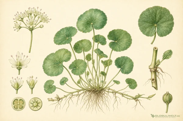 Botanische Illustration von Hydrocotyle Asiatica (Wassernabel) (Indischer Wassernabel) – Ausgangssubstanz der homöopathischen Globuli