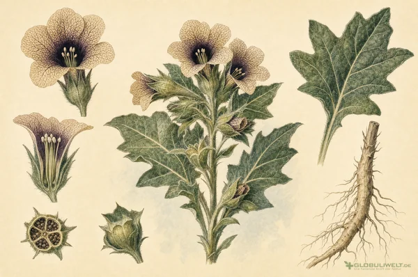 Botanische Illustration von Hyoscyamus Niger (Bilsenkraut) (Schwarzes Bilsenkraut) – Ausgangssubstanz der homöopathischen Globuli