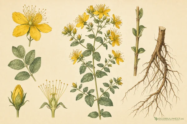 Botanische Illustration von Hypericum Perforatum (Johanniskraut) – Ausgangssubstanz der homöopathischen Globuli
