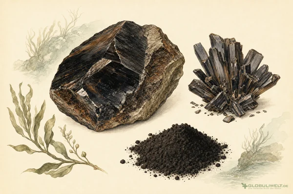 Mineralogische Illustration von Ichthyolum (Ichthyol (Schieferöl)) – Ausgangssubstanz der homöopathischen Globuli