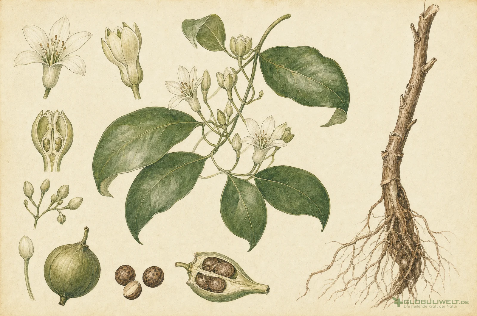 Botanische Illustration von Ignatia Amara (Ignatiusbohne) – Ausgangssubstanz der homöopathischen Globuli