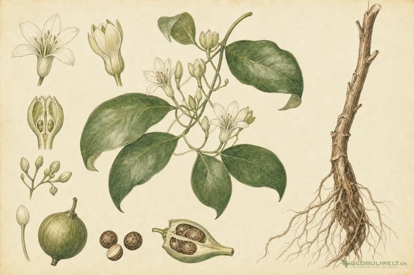 Botanische Illustration von Ignatia Amara (Ignatiusbohne) – Ausgangssubstanz der homöopathischen Globuli