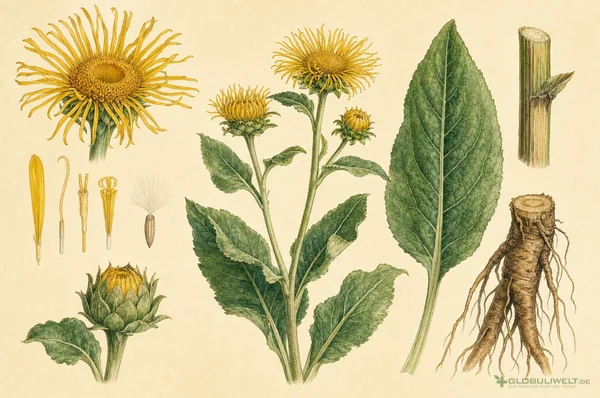 Botanische Illustration von Inula helenium (Echter Alant) – Ausgangssubstanz der homöopathischen Globuli