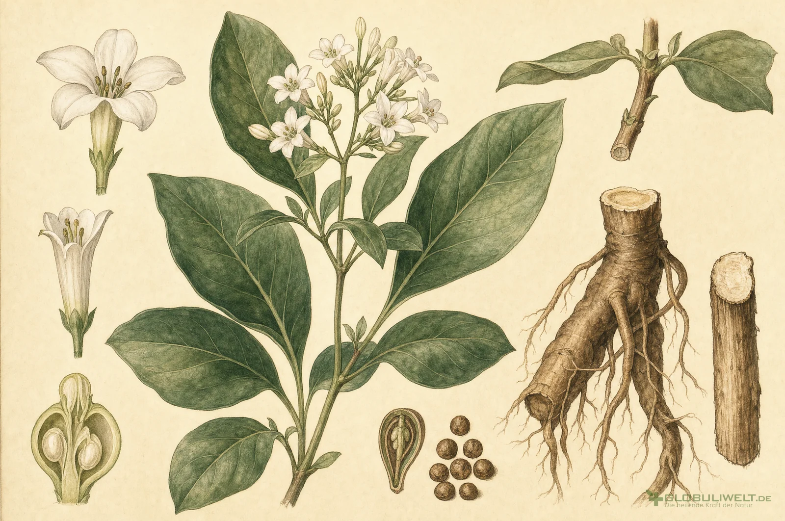 Botanische Illustration von Ipecacuanha (Brechwurzel) – Ausgangssubstanz der homöopathischen Globuli