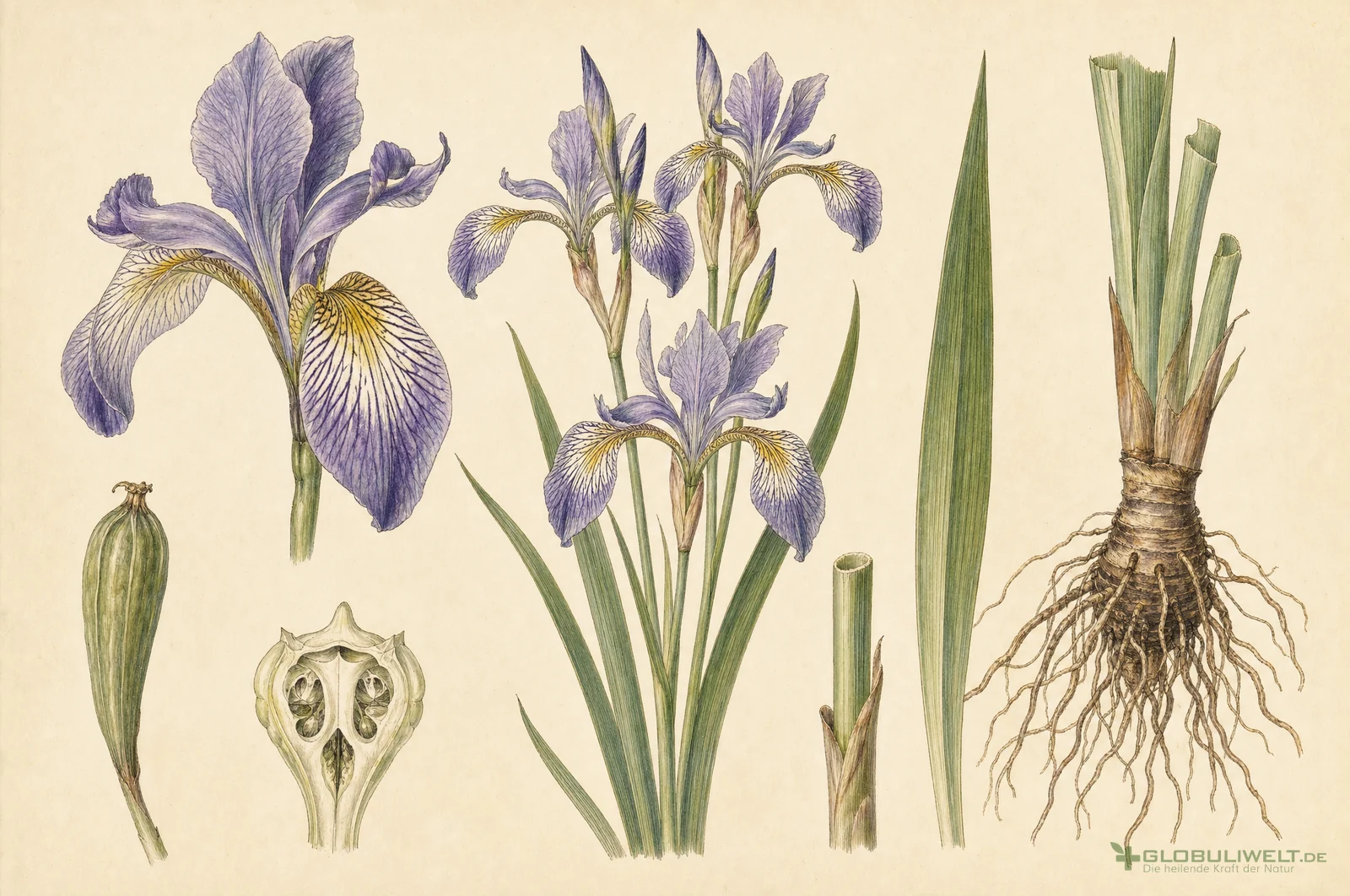 Botanische Illustration von Iris Versicolor (Verschiedenfarbige Schwertlilie) (Verschiedenfarbige Schwertlilie) – Ausgangssubstanz der homöopathischen Globuli