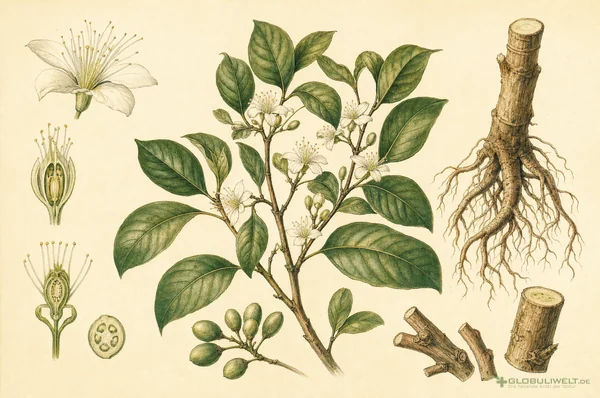 Botanische Illustration von Pilocarpus jaborandi (Jaborandi) – Ausgangssubstanz der homöopathischen Globuli