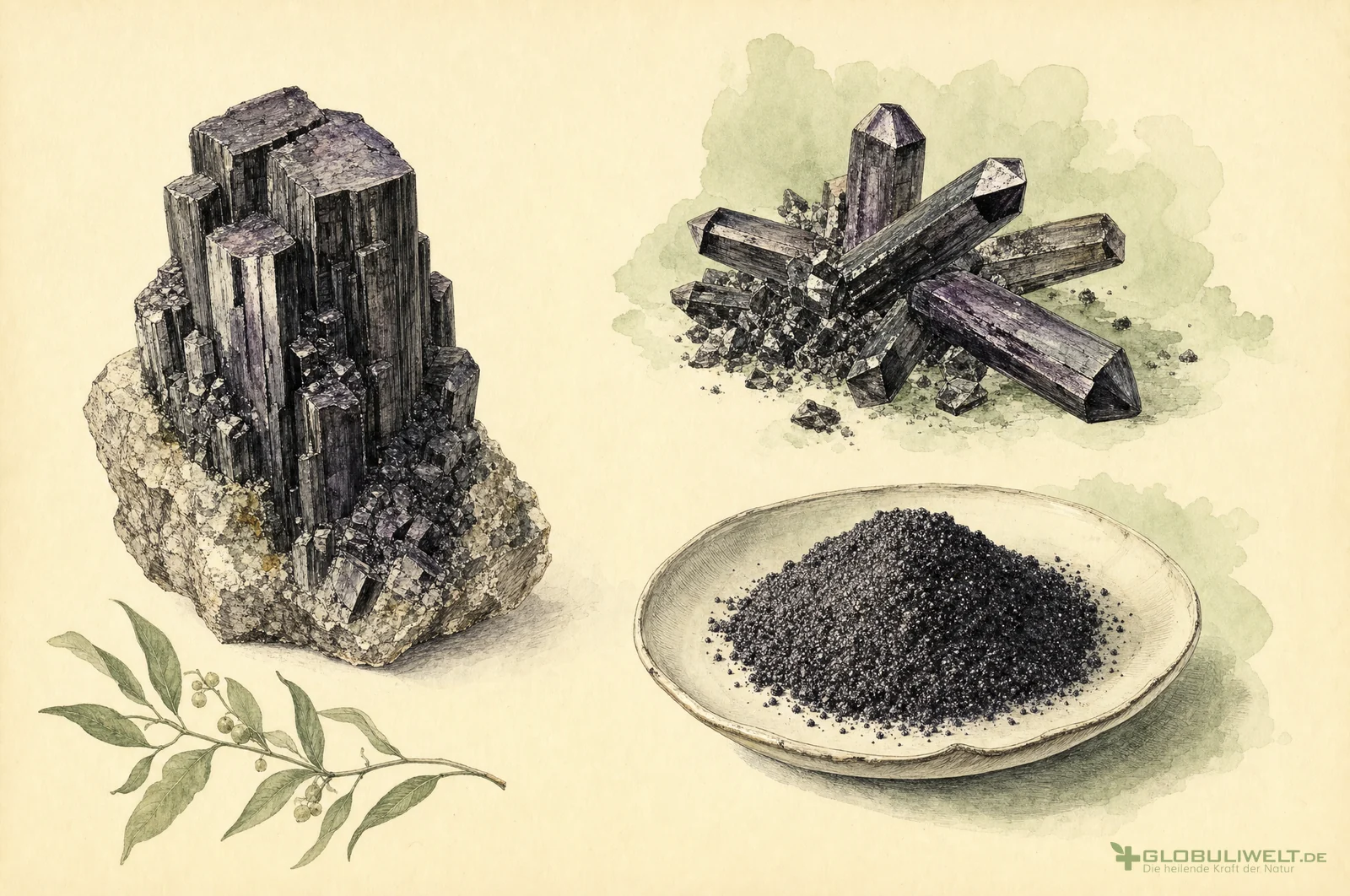 Mineralogische Illustration von Jodum (Jod) – Ausgangssubstanz der homöopathischen Globuli