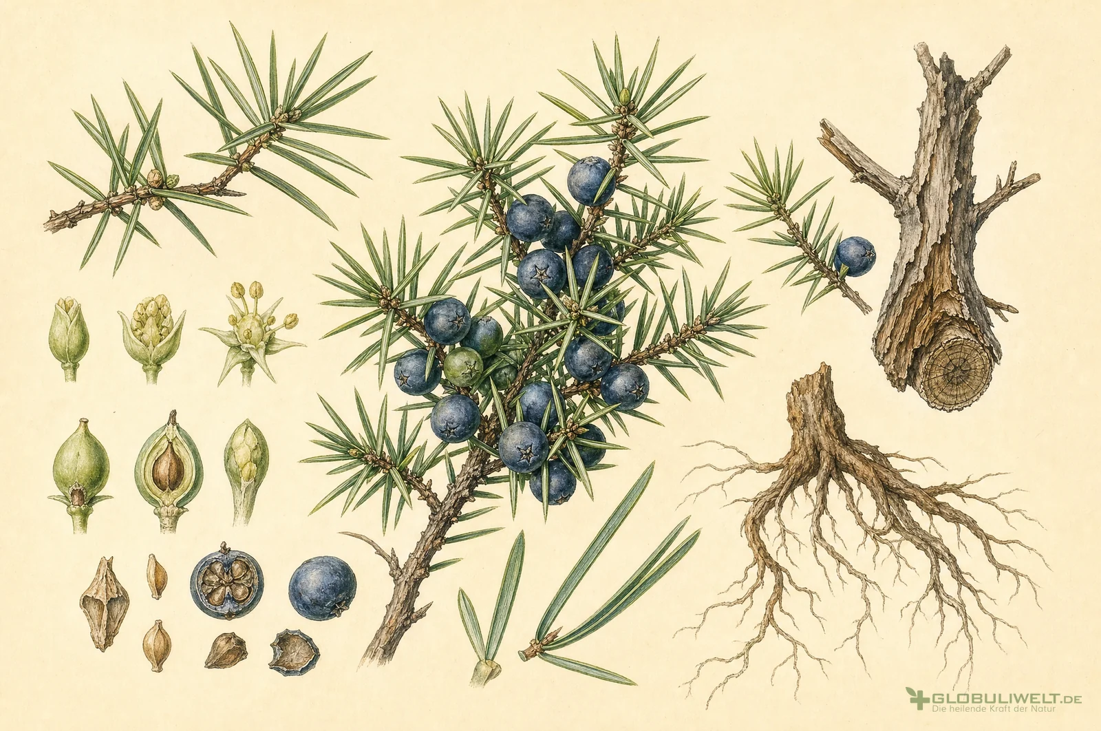 Botanische Illustration von Juniperus communis (Gemeiner Wacholder) – Ausgangssubstanz der homöopathischen Globuli