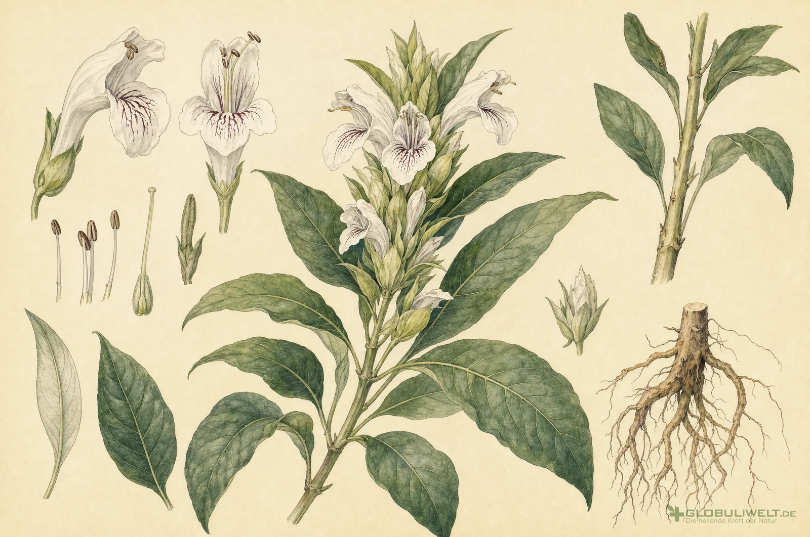 Botanische Illustration von Justicia adhatoda (Indisches Lungenkraut) – Ausgangssubstanz der homöopathischen Globuli