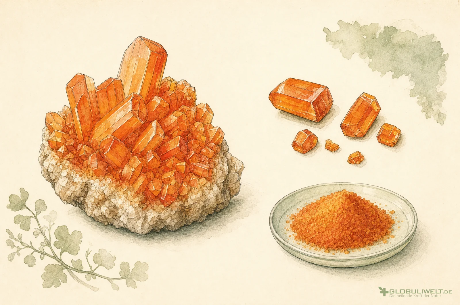 Mineralogische Illustration von Kalium bichromicum (Kaliumdichromat) – Ausgangssubstanz der homöopathischen Globuli