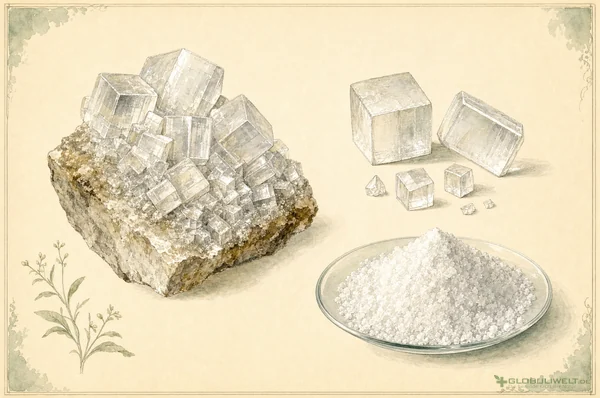Mineralogische Illustration von Kalium bromatum (Kaliumbromid) (Kaliumbromid) – Ausgangssubstanz der homöopathischen Globuli