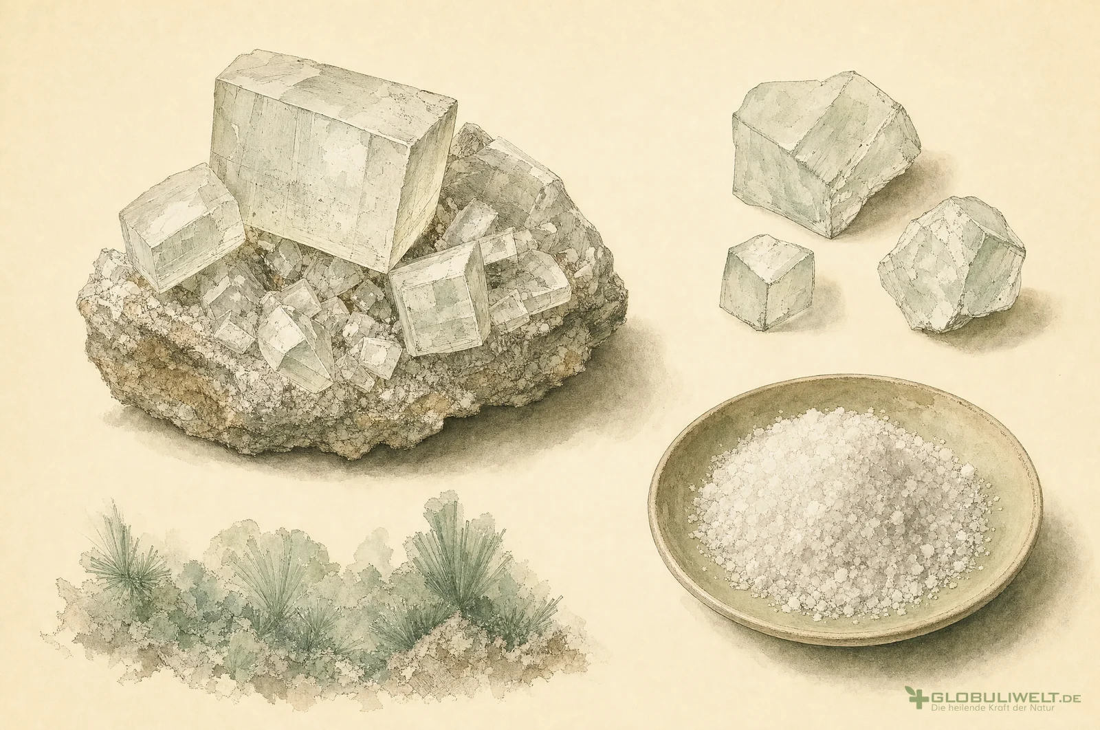Mineralogische Illustration von Kalium Carbonicum (Pottasche) (Pottasche) – Ausgangssubstanz der homöopathischen Globuli