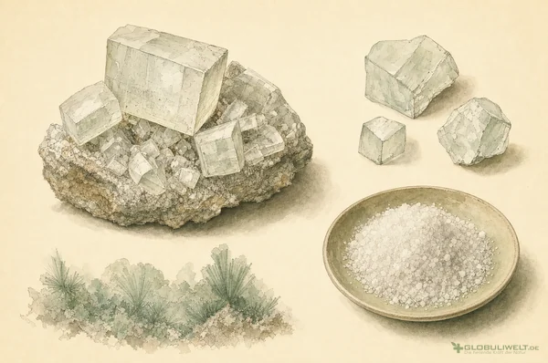 Mineralogische Illustration von Kalium Carbonicum (Pottasche) (Pottasche) – Ausgangssubstanz der homöopathischen Globuli