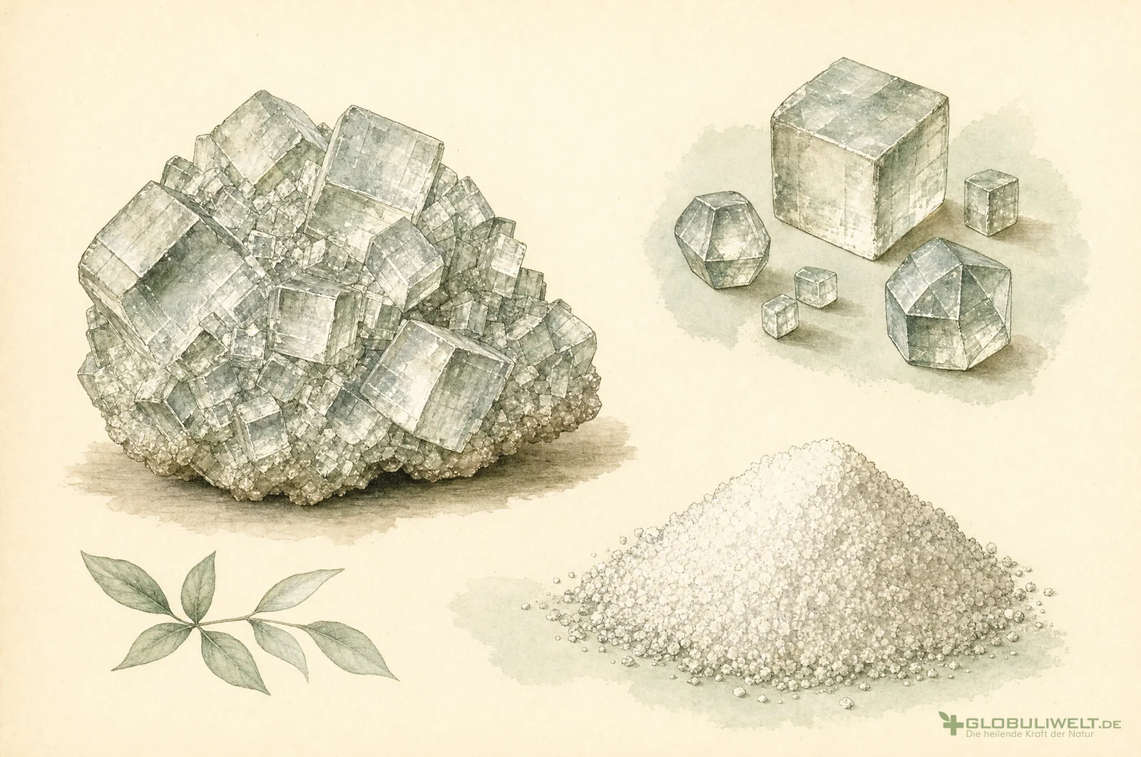 Mineralogische Illustration von Kalium Chloratum (Kaliumchlorid) (Kaliumchlorid) – Ausgangssubstanz der homöopathischen Globuli